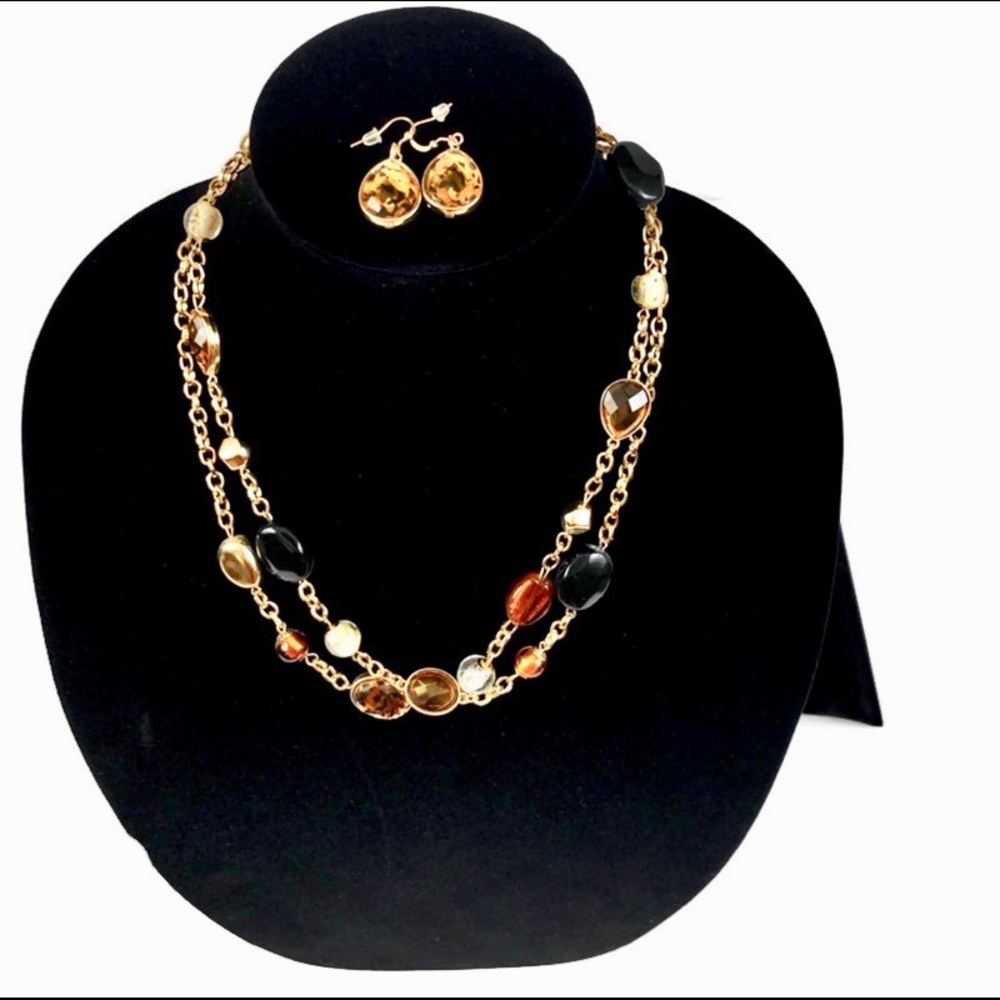ANN TAYLOR Beaded Gold Layer Necklace Earrings Set